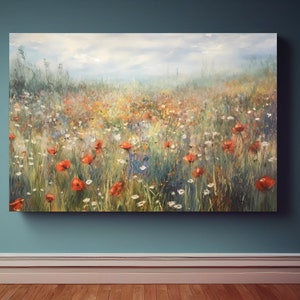 Flower Meadow Canvas Wall Art Print, Wildflower Field Art, Floral Wall Hanging, Rustic Farmhouse Decor, Nature Landscape Oil Painting