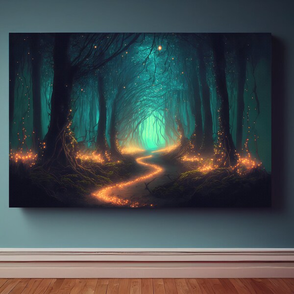 Enchanted Forest Canvas Wall Art Print, Firefly Path Art, Enchanted Forest Decor, Magical Forest Wall Hanging, Forest Landscape Painting