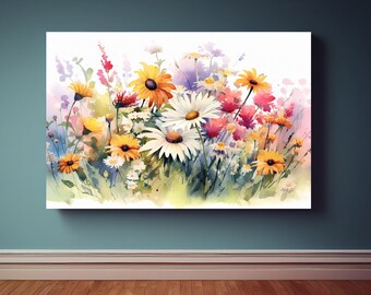 Watercolor Flowers Canvas Wall Art Print, Wildflower Field Art, Nature Home Wall Decor, Floral Wall Hanging, Watercolor Flower Painting