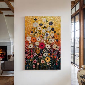 Flower Garden Canvas Wall Art Print, Gustav Klimt Inspired Painting, Floral Wall Hanging, Flower Home Wall Decor, Art Nouveau Prints