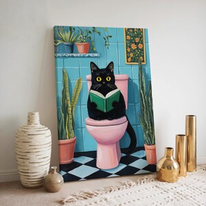 Black Cat on Toilet Canvas Art Print, Funny Bathroom Wall Art, Colorful ...