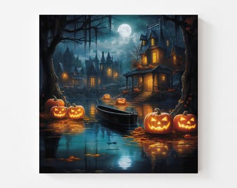 Halloween Haunted Village Canvas Wall Art Print, Halloween Decor, Haunted Mansion Wall Hanging, Spooky Season Art, Haunted Houses On River