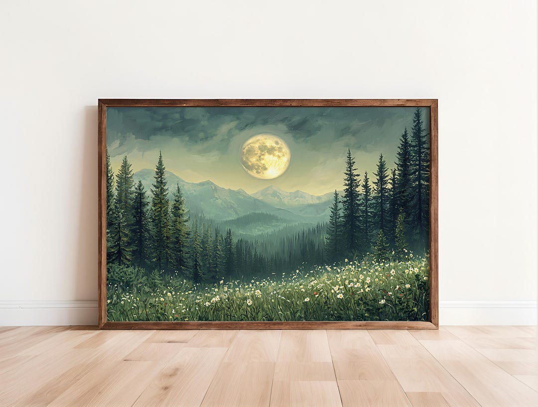 Moonlit Pine Forest Paper Art Print, Woodland Decor, Full Moon ...