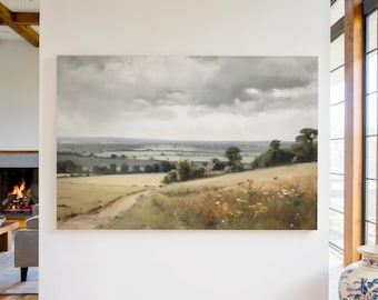 English Countryside Canvas Print, Muted Vintage Landscape, Antique Farmhouse Wall Decor