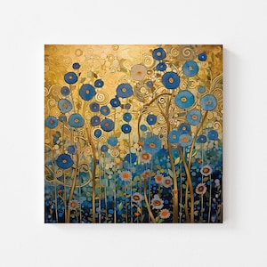 Flower Garden Canvas Wall Art Print, Gustav Klimt Inspired Painting, Floral Wall Hanging, Flower Home Wall Decor, Art Nouveau Prints