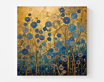 Blue Flower Canvas Print, Gustav Klimt Style Whimsical Garden, Gold Swirl Floral Wall Decor
