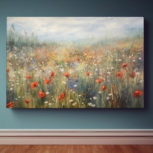 Flower Meadow Canvas Wall Art Print, Wildflower Field Art, Floral Wall Hanging, Rustic Farmhouse Decor, Nature Landscape Oil Painting