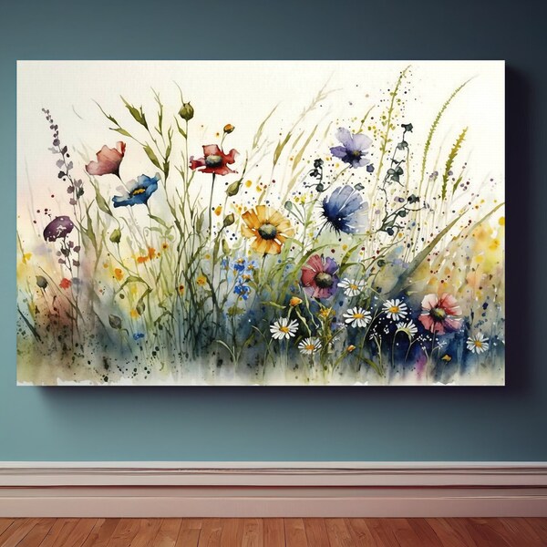 Watercolor Flowers Canvas Wall Art Print, Wildflower Wall Art, Watercolor Flower Painting, Flower Home Wall Decor, Floral Wall Art