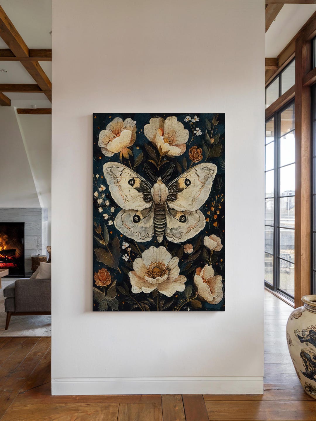 Vintage Moth Botanical Canvas Print, Cottagecore Floral Wall Art, Dark ...
