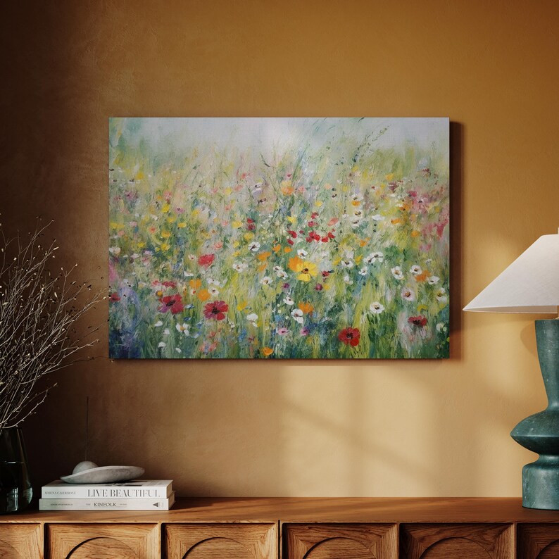 Wildflower Meadow Canvas Print, Floral Landscape Painting, Vibrant ...