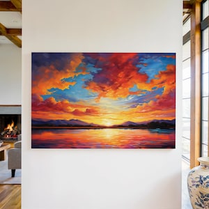 Lake Sunset Canvas Wall Art Print, Sunset Decor, Sunset Wall Art, Lake House Decor, Mountain Sunset Picture, Nature Landscape Oil Painting