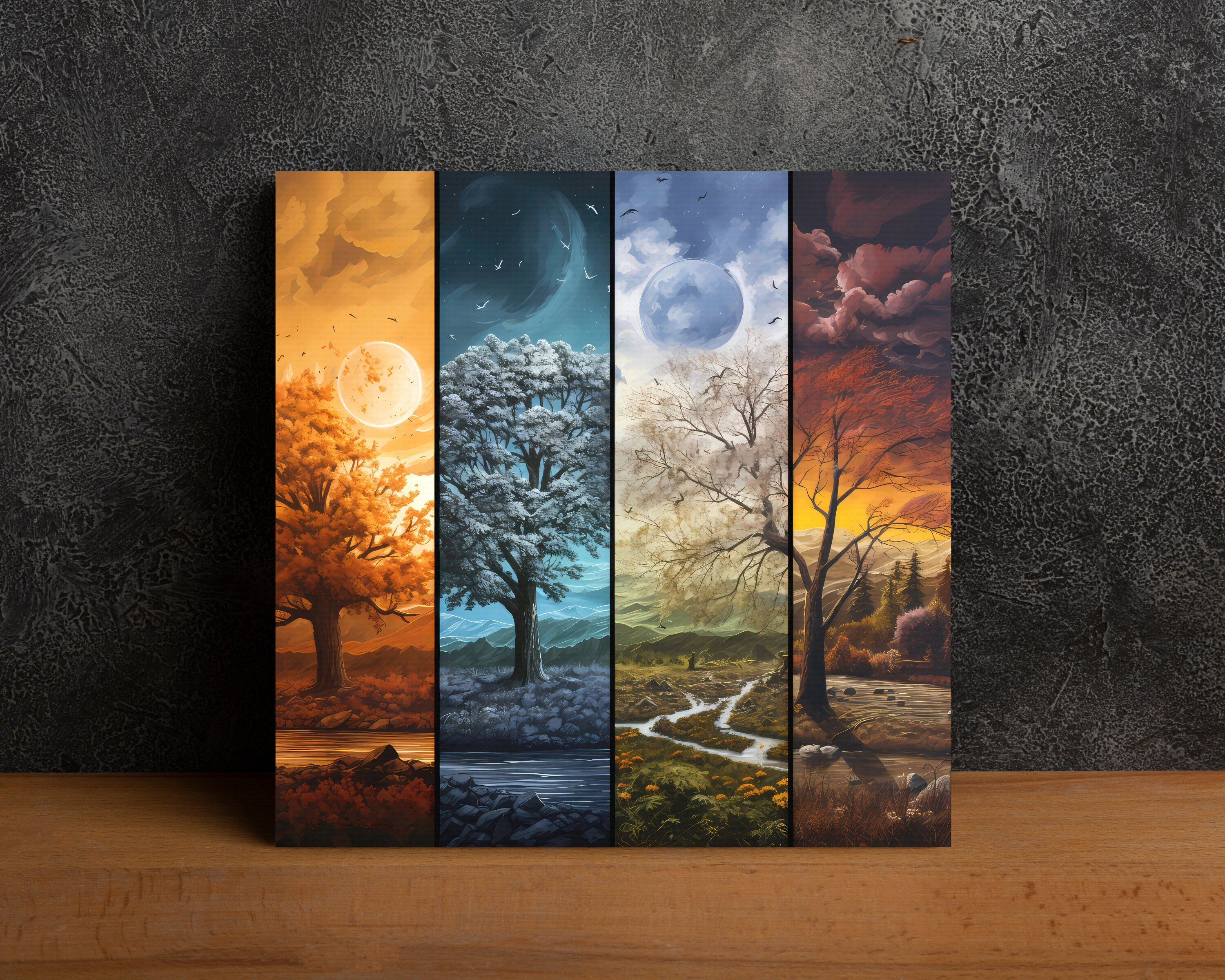  sechars 4 Seasons Colorful Tree Painting Canvas Wall Art  Abstract Spring Summer Autumn Winter Tree with Sunlight Nature Landscape  Picture Artwork for Living Room Bedroom Home Office Decor 24x48: Posters 
