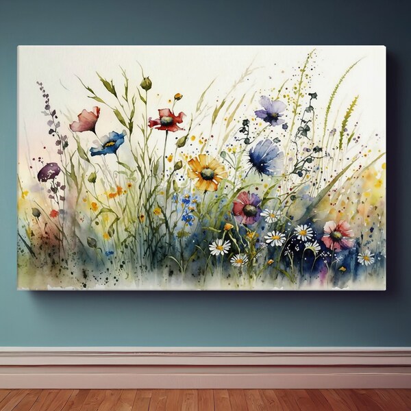 Watercolor Flowers Canvas Wall Art Print, Wildflower Wall Art, Watercolor Flower Painting, Flower Home Wall Decor, Floral Wall Art