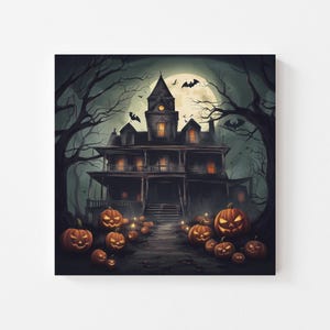 Retro Haunted Mansion Canvas Wall Art Print, Halloween Decor, Haunted House Art, Spooky Forest Art, Gothic Wall Decor, Spooky Season Art