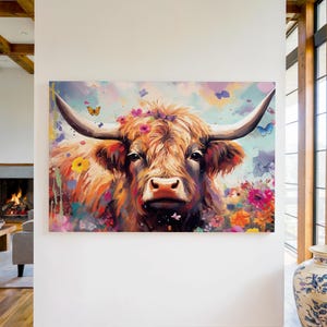 Scottish Highland Cow Canvas Wall Art Print, Cow Decor, Animal Wall Hanging Decoration, Rustic Farmhouse Decor, Floral Nature Painting