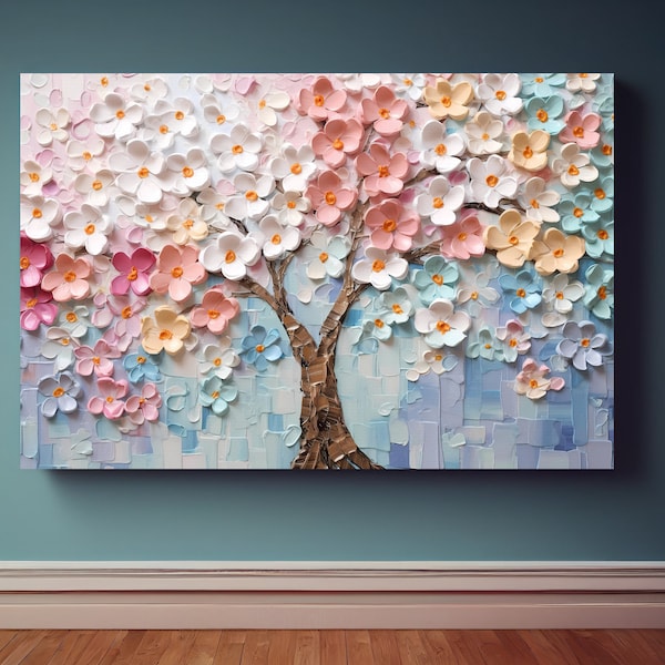 Cherry Blossom Tree Canvas Wall Art Print, Japanese Sakura Tree Art, Cherry Blossoms Wall Hanging, Nature Home Decor, Floral Painting