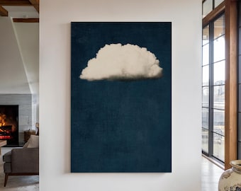Cloud Canvas Wall Art Print, Minimalist Sky Decor, Moody Blue Wall Art, Cloud Painting, Abstract Art Prints, Vintage Living Room Decor