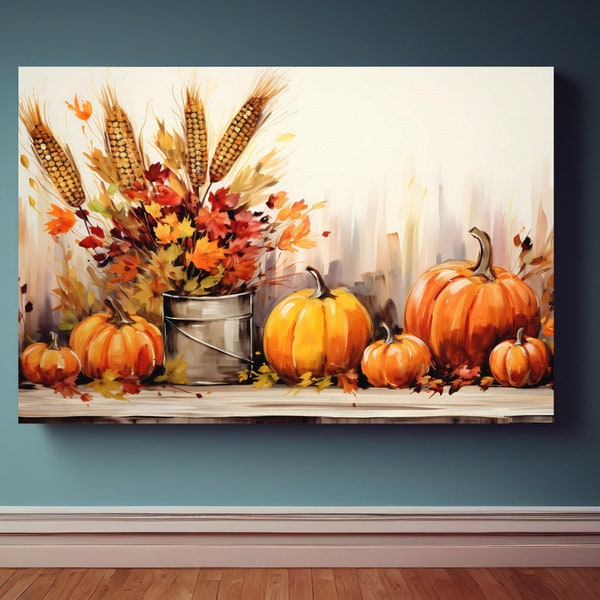 Fall Harvest Canvas Wall Art Print, Country Fall Decor, Pumpkin Decor, Autumn Painting, Earth Tone Wall Art, Rustic Farmhouse Wall Decor