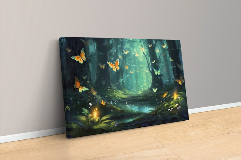 Butterfly Forest Canvas Wall Art Print, Enchanted Forest Decor, Butterfly Home Decor, Magic Forest Wall Hanging, Fantasy Landscape Painting