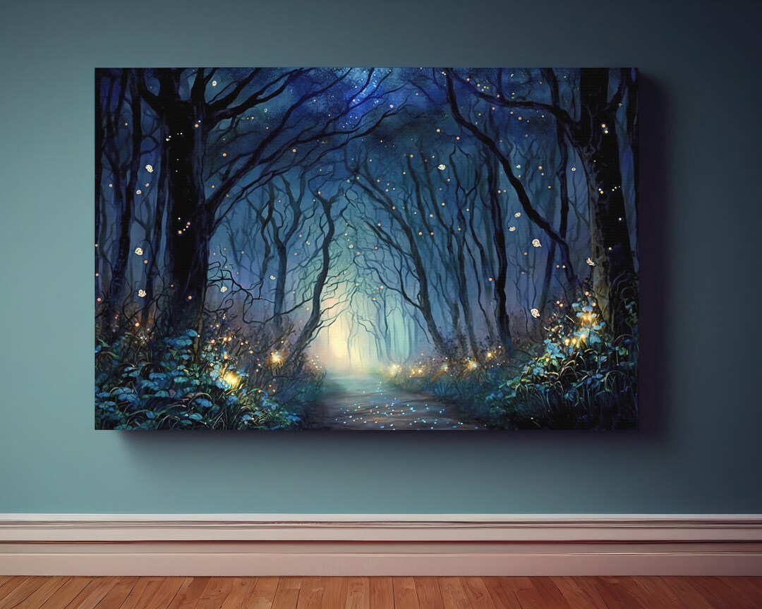 Enchanted Forest Canvas Wall Art Print, Firefly Forest Canvas Art