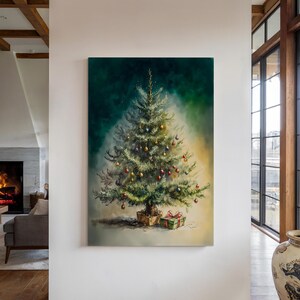 Watercolor Christmas Tree Canvas Wall Art Print, Christmas Decor, Holiday Decorations, Christmas Wall Hanging, Evergreen Tree Art Painting