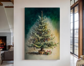 Watercolor Christmas Tree Canvas Wall Art Print, Christmas Decor, Holiday Decorations, Christmas Wall Hanging, Evergreen Tree Art Painting