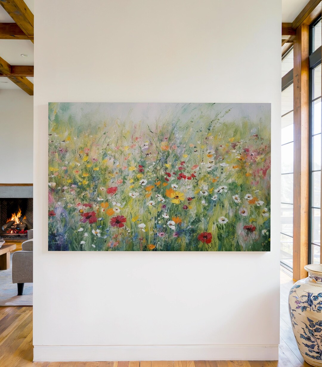 Wildflower Meadow Canvas Print, Floral Landscape Painting, Vibrant ...