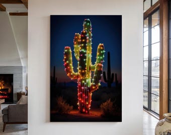 Christmas Cactus Canvas Wall Art Print, Christmas Decor, Cactus Decor, Cactus Wall Art, Southwestern Decor, Holiday Decorations, Desert Art