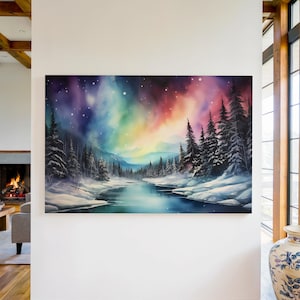 Watercolor Northern Lights Canvas Wall Art Print, Aurora Borealis Art, Snowy Forest Landscape Art, Winter Home Decor, Celestial Painting