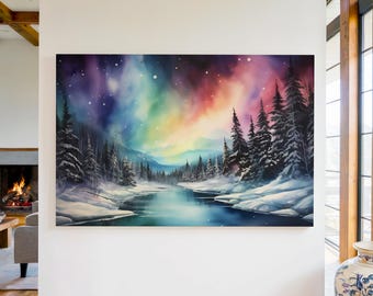 Watercolor Northern Lights Canvas Wall Art Print, Aurora Borealis Art, Snowy Forest Landscape Art, Winter Home Decor, Celestial Painting
