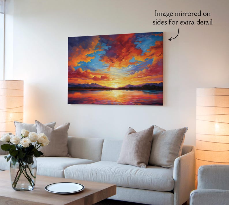 Fiery Mountain Lake Canvas Print, Impressionist Sunset Wall Art ...