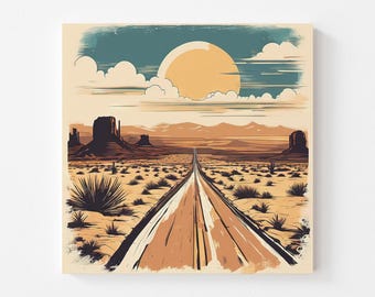 Retro Desert Landscape Canvas Wall Art Print, Desert Wall Decor, Southwestern Decor, Desert Wall Hanging, Vintage Desert Road Painting