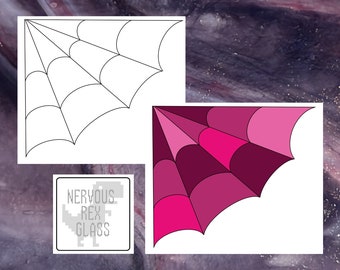 May include: Two spiderweb designs, one in black outline and the other in shades of pink, are displayed on a white background. The image also includes a logo with the text "NERVOUS REX GLASS". The background has a marbled purple and white pattern.