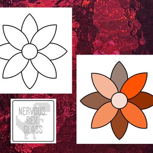 May include: A black and white outline of a flower with eight petals. The flower is coloured in with shades of orange, brown, and peach. The text "NERVOUS REX GLASS" is in a white box.