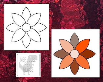 May include: A black and white outline of a flower with eight petals. The flower is coloured in with shades of orange, brown, and peach. The text "NERVOUS REX GLASS" is in a white box.