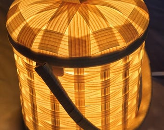 Handmade Woven Wood Lantern Lamp, Translucent Pine Veneer, Sculptural Basket Light, Warm Ambient LED, Rustic Modern Table Lamp