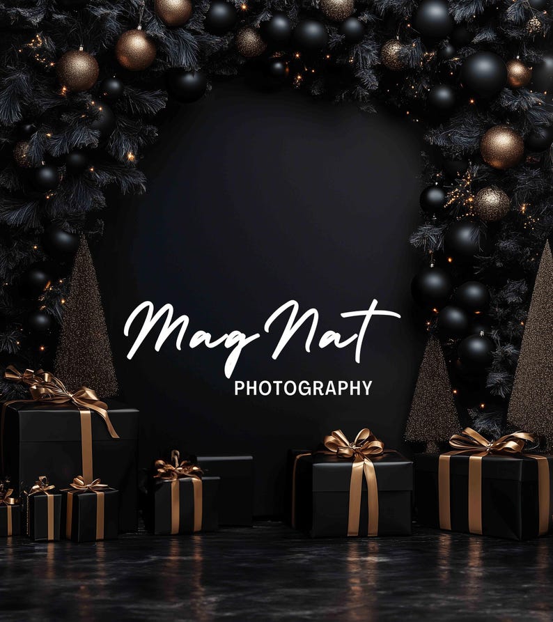 May include: Black and gold gift boxes with gold ribbon bows, arranged in front of a black background with a black and gold Christmas tree on each side. The text "Mag Nat PHOTOGRAPHY" is written in white on the black background.