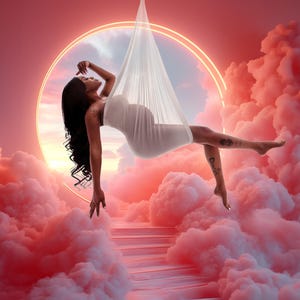 May include: A pregnant woman in a white sheer dress is suspended in a hammock against a pink and white cloudy background. She is surrounded by a glowing neon orange circle.