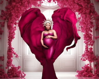 May include: A pregnant woman wearing a long, flowing, magenta gown and a gold crown stands in front of a heart-shaped archway made of pink blossoms.