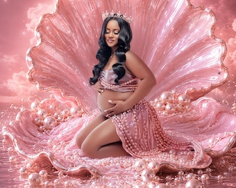 May include: A pregnant person with long dark wavy hair wearing a crown and a pink satin garment, kneeling inside a large glossy pink seashell. The shell is surrounded by numerous scattered pink pearls, set against a pink sky with clouds.