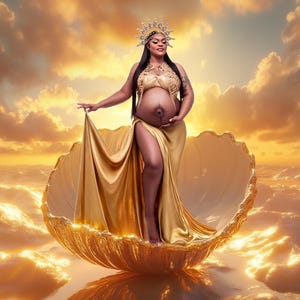 May include: A pregnant person wearing a gold crown and a gold dress, standing in a large golden seashell. The person is surrounded by a golden sky with clouds.