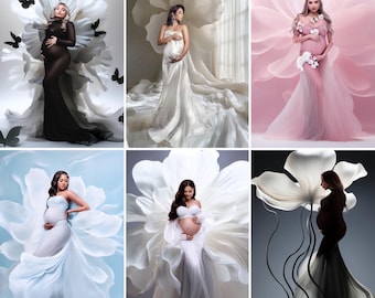 May include: Six pregnant women in different colored dresses pose in front of large white flower backdrops. The women are wearing various styles of dresses, including a black dress, a white dress, a light blue dress, and a pink dress. The flowers are large and have many petals.