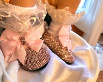 Chaussures bébé fille strass roses, coffret cadeau de luxe pour nouveau-né fille, chaussures bébé fille, chaussures pour berceau, chaussures de soirée, mariage
