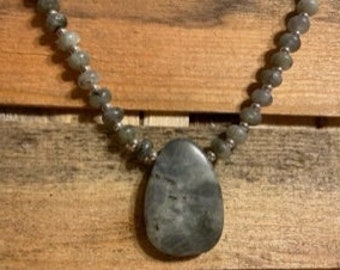 Labradorite Necklace Large Gray Pendant Gemstone Necklace Grey Crystal Silver Handmade Beaded Spiritual Healing Meditation Necklace Jewelry