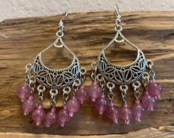 Pendientes de candelabro de cuarzo rosa Pendientes de cuarzo de fresa Pendientes de cuarzo Joyería curativa Joyería occidental Pendientes de candelabro rosa Boho Jewe