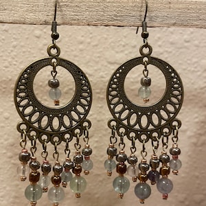 Fluorite Chandelier Earrings Green Chandelier Earrings Big Earrings Bohemian Jewelry Large Crystal Earrings Boho Bronze Jewelry Earrings