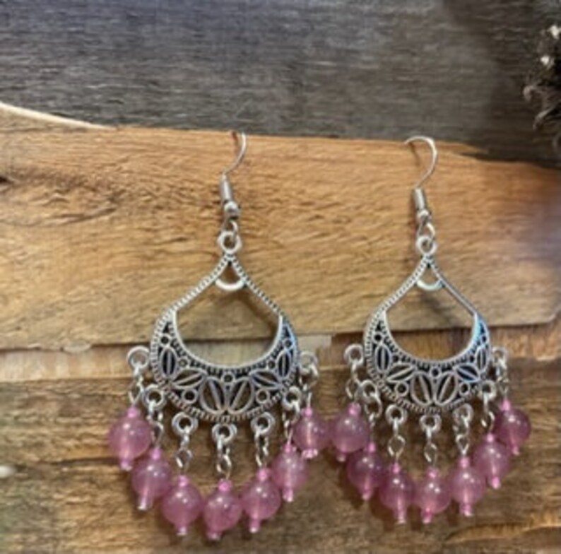 Pink Quartz Chandelier Earrings Strawbery Quartz Earrings Quartz Earrings Healing Jewelry Western Jewelry Pink Chandelier Earrings Boho Jewe image 4