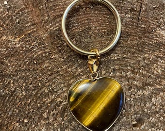 Tiger's Eye Keychain Crystal Heart Key Chain Brown Gemstone Keychain Crystal Keychain Brown Crystal Key Chain Jewelry Spiritual Healing Gift