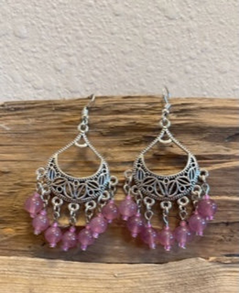 Pink Quartz Chandelier Earrings Strawbery Quartz Earrings Quartz Earrings Healing Jewelry Western Jewelry Pink Chandelier Earrings Boho Jewe image 3