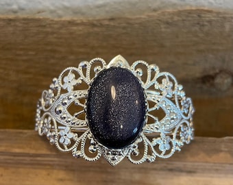 Blue Sandstone Bracelet Blue Goldstone Cuff Bracelet Stardust Bracelet Blue Shimmer Bracelet Blue Sandstone Cuff Bohemian Bracelet Boho Cuff